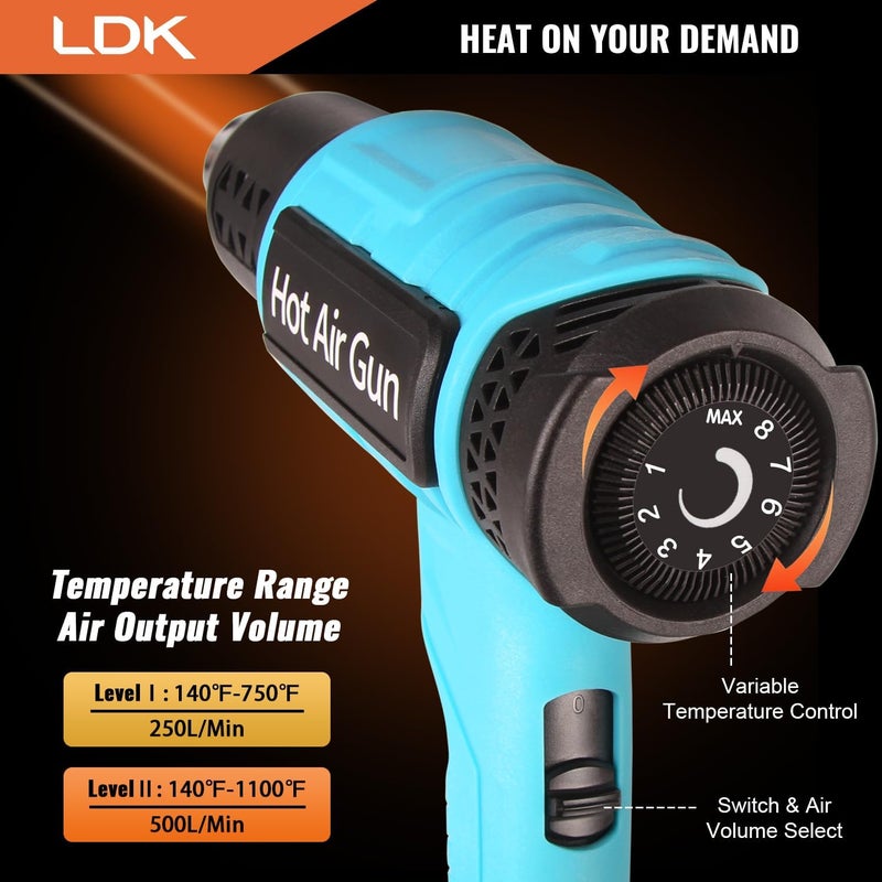 LDK Heat Gun, 140°F~1100°F Variable Temperature Control Heating Gun, 1.5s Fast Heating Heavy Duty Hot Air Gun Kit with 4 Nozzles for Crafting Shrink Tubing Vinyl Wrap - Image 2